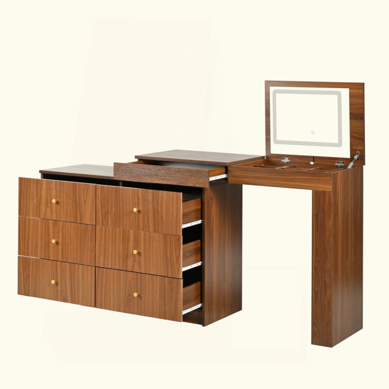 Vanity Desk With Mirror And Lights, Makeup Vanity Table With Flip-Top Tabletop And Storage 7 Drawers, 9 Compartments, 3 Shelves, 3 Color Modes Adjustable Makeup Table For Bedroom, Walnut (N733P279096)