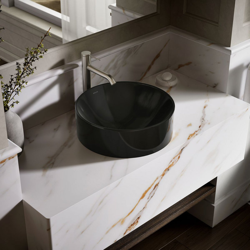 Vox Vitreous China Circular Vessel Bathroom Sink with Overflow, Black Black