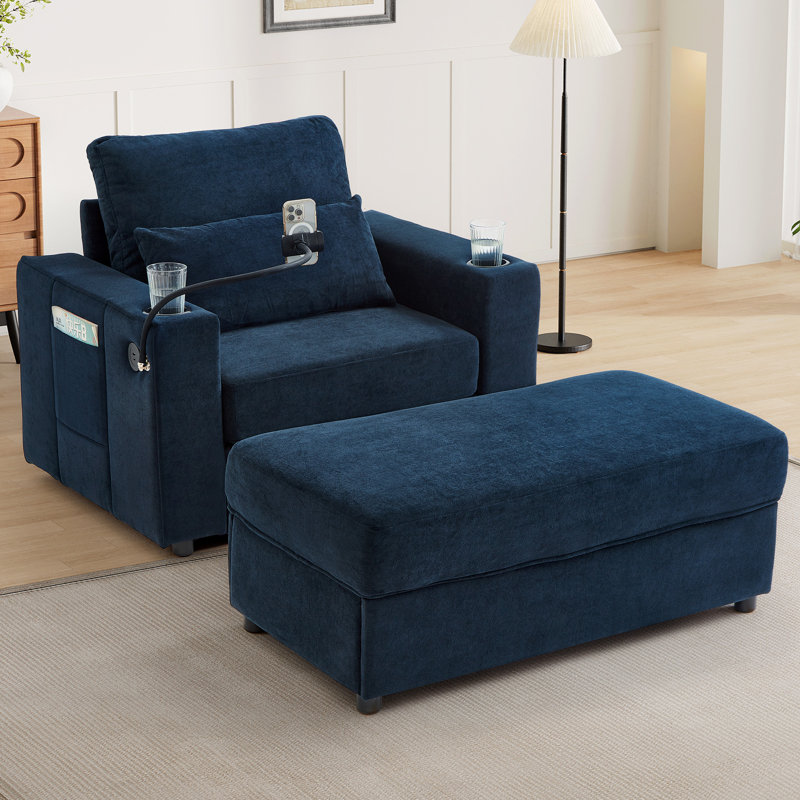 Canapé pour chaise longue de style moderne avec repose-pieds de rangement mobile, deux ports USB, deux porte-gobelets, un support pour téléphone et des poches latérales pour le salon