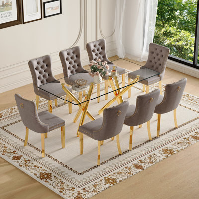 71" Dining Table Set, Modern Dining Table Set With Tempered Glass Tabletop, Velvet Chairs & Gold Metal Legs