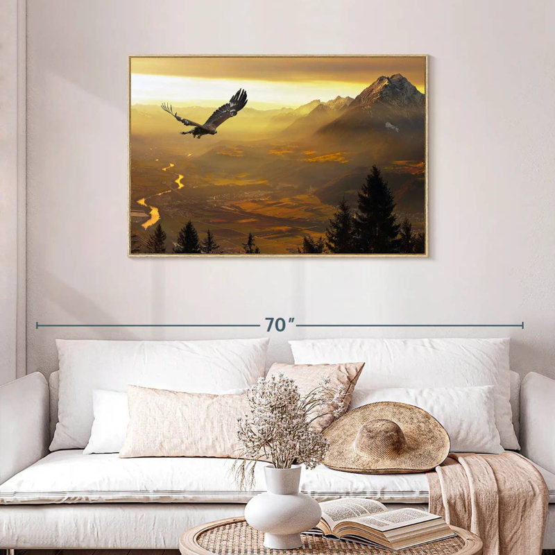 Aigle royal au coucher du soleil, Cadre flottant en bois naturel, 43 po x 29 po
