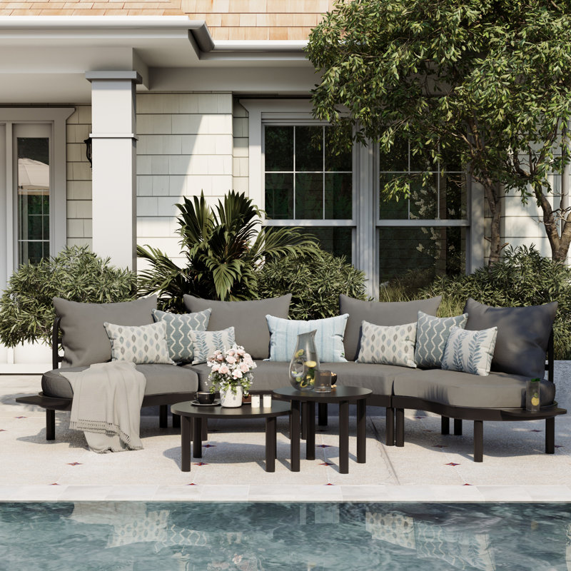 Patio Curved Conversation Set with End Table, Black Cushion/Dark Gray Frame