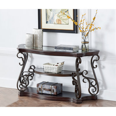Table de canapé, plateau de table en verre, plateau en panneau de fibres à densité moyenne et papier marbré, pieds en métal thermolaqués. (L 54 po x l 20 po x H 30 po)