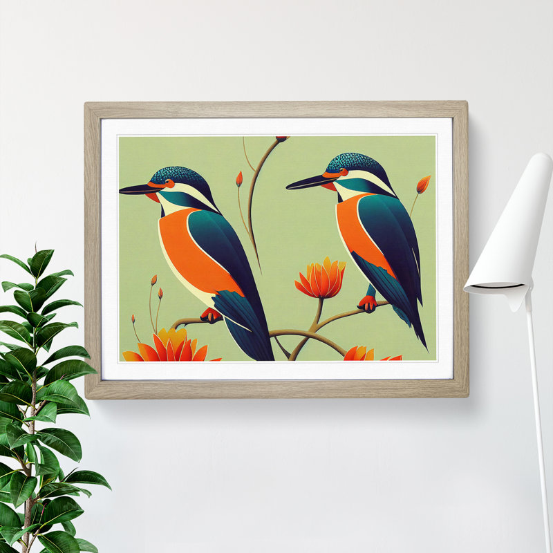 Kingfisher Birds Deco - Framed Print, 46cm H x 64cm W x 2cm D, Oak