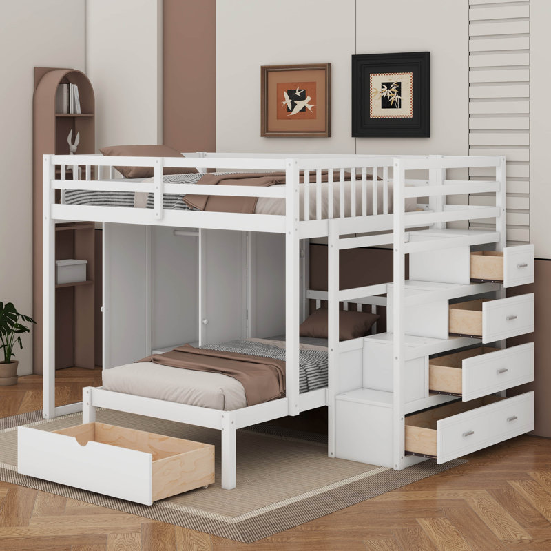 Lit superposé double au-dessus de simple avec garde-robe et tiroirs, Blanc