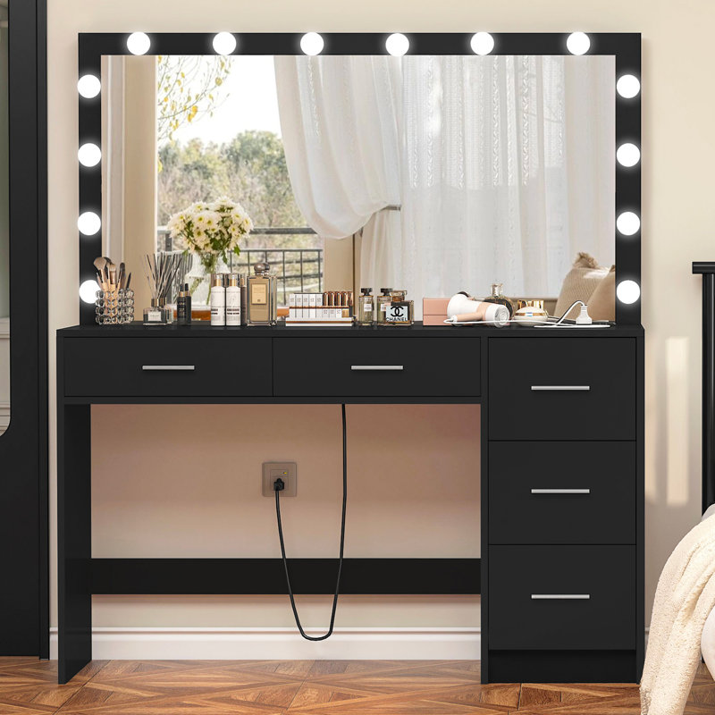 Jadwin Large Vanity with 5 Drawers Christmas Gifts, Black