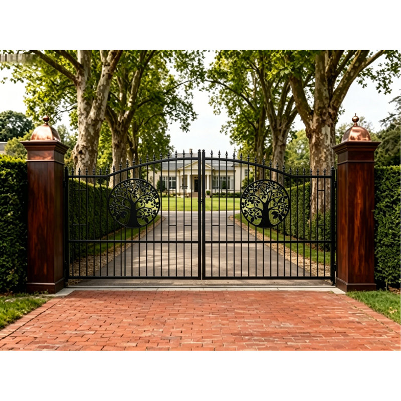 20FT x 7FT Heavy-Duty Bi-Parting Iron Gate – Galvanized Steel Driveway Entrance Gate  (Tree Flower), 86.2" X 4.54"