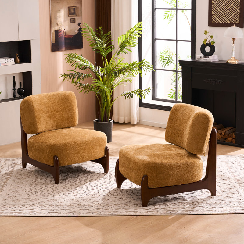 30"W Boucle Armless Upholstered Accent Chair With Solid Wood Leg, Camel