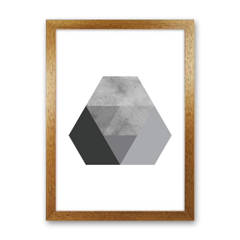 Geometric Grey And Black Hexagon by Pixy Paper - Print, 29.7cm H x 21cm W x 3cm D, Oak Framed