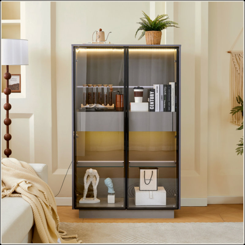 60.6'' Tall Display Cabinet With Tempered Glass Door, LED Lighting, Two Drawers, Modern Style Storage Cabinet For Living Room, Office & Study