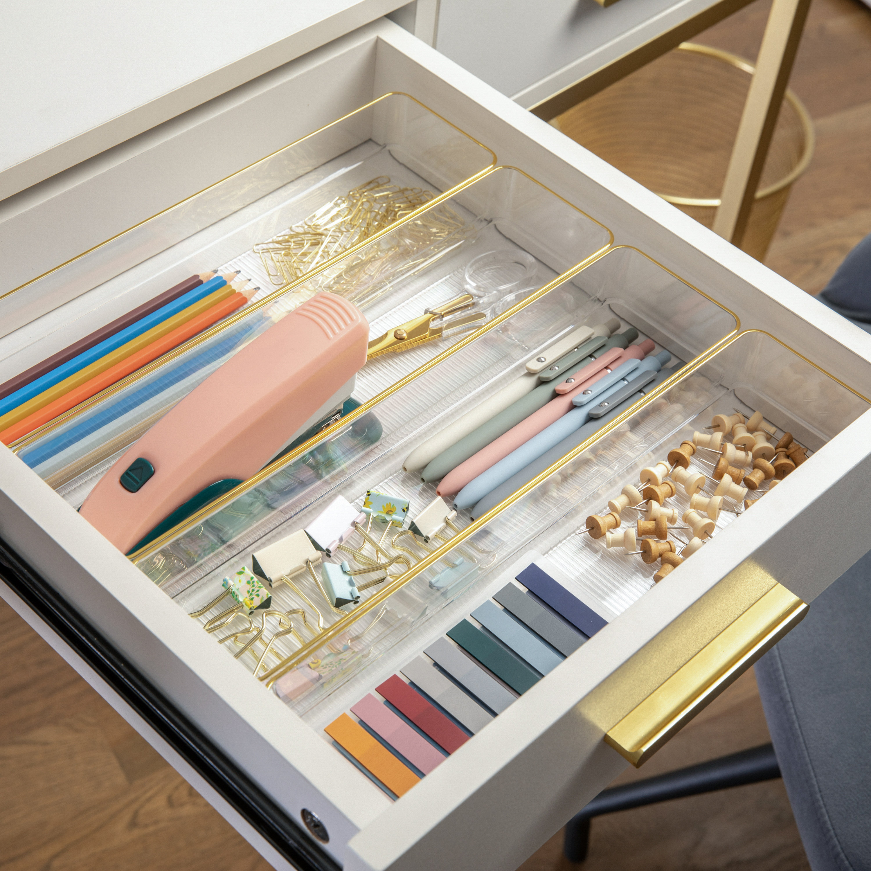 Martha Stewart Thomas Martha Stewart Plastic Stackable Office Desk Drawer Organizers with Metallic Trim, 9" x 3" & Reviews | Wayfair