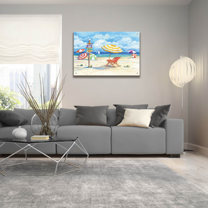 «Beach Signs Umbrellas» par Paul Brent, acrylique, H 24 po x l 36 po x P 0,2 po