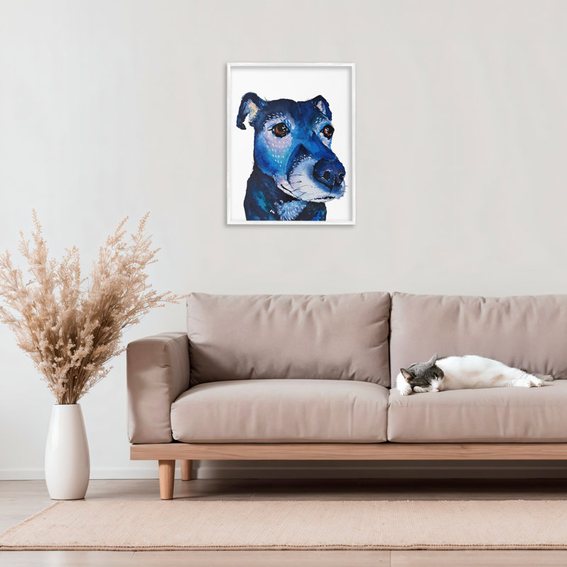 Giclée encadrée de chien bleu expressif, design par Tatiana Roberts, H 20 po x l 16 po