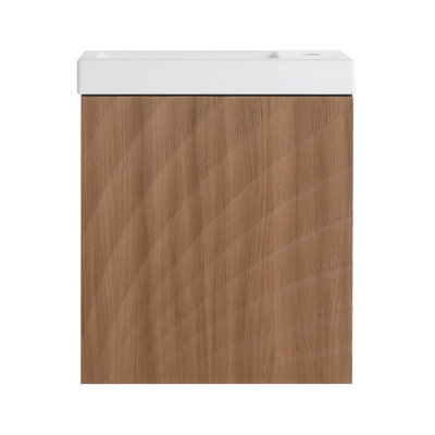 Meuble-lavabo mural 18,5 po avec lavabo en résine, porte simple à fermeture douce, panneau de fibres à densité moyenne, noyer (emballage KD)