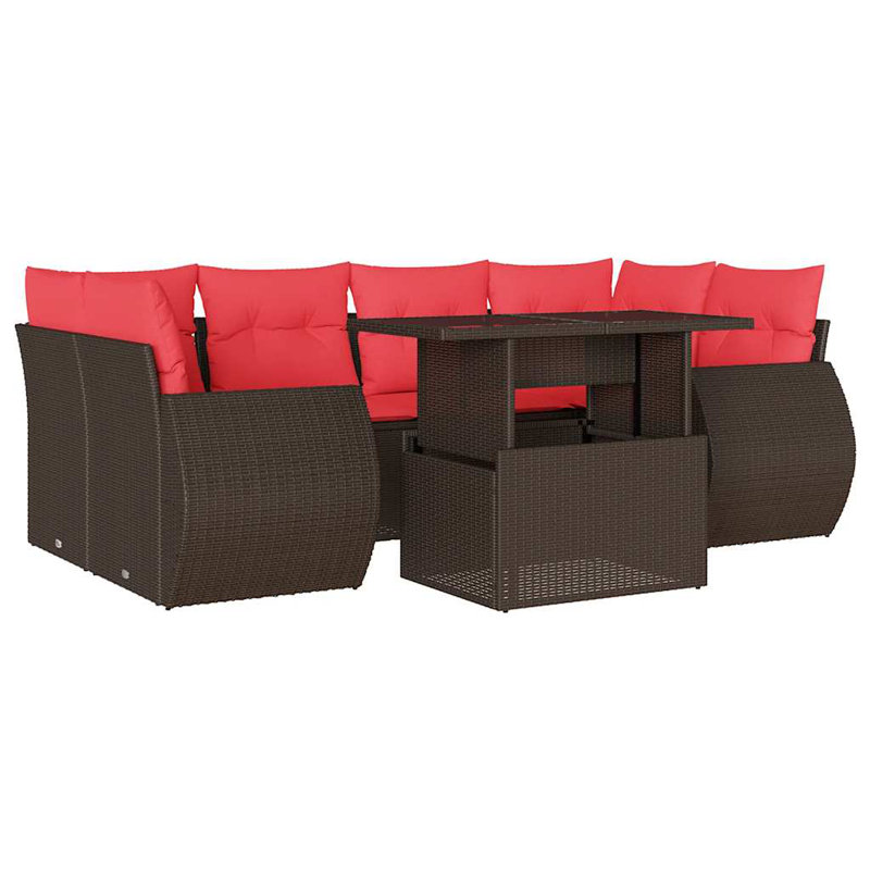 Ensemble de canapé de patio 7 pièces avec coussins en rotin de polyester, Rouge, Brun