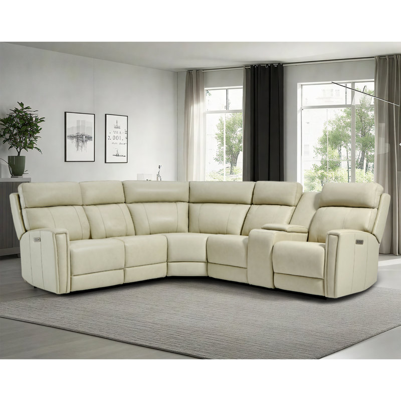 Avani 6-Piece, 3 Power recliners Leather Reclining Sectional, Power headrest, Cream Genuine Leather, 3 Reclining Seats