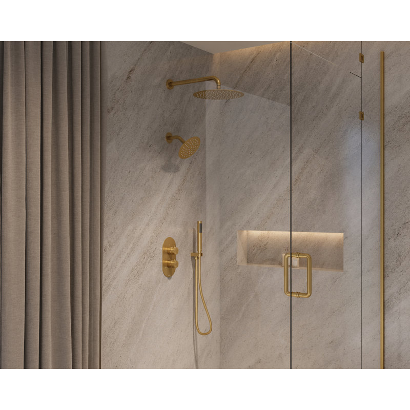 Angelsey 12" & 6" Dual Shower Head Rain Shower System with Handheld Shower and Pressure Balance Valve in Brushed Gold