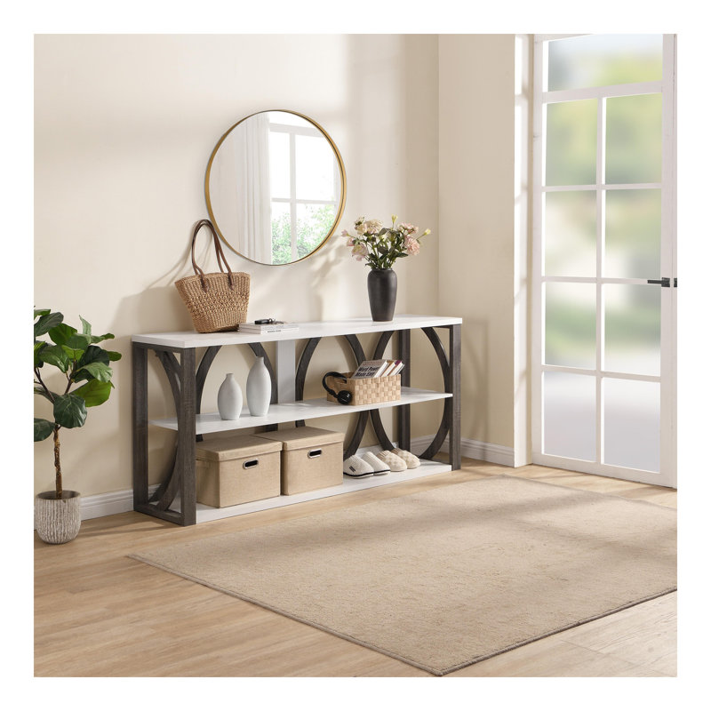 Console industrielle à 3 niveaux, 70,87 pouces, table d'entrée étroite, longue table de rangement avec entrée, salon, vestibule, couloir, blanc.