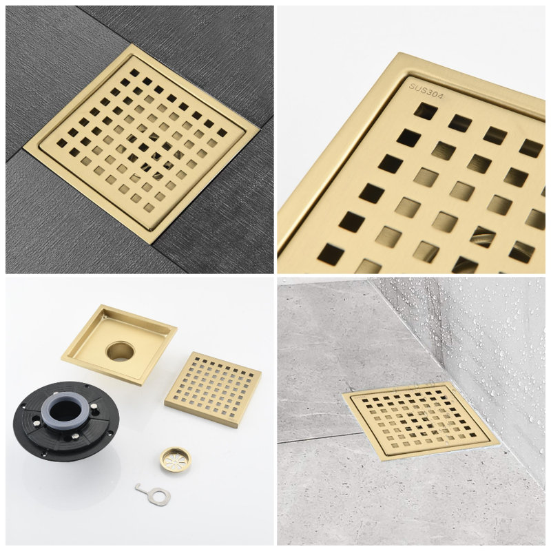 6" Classic Square Shower Floor Drain, Gold