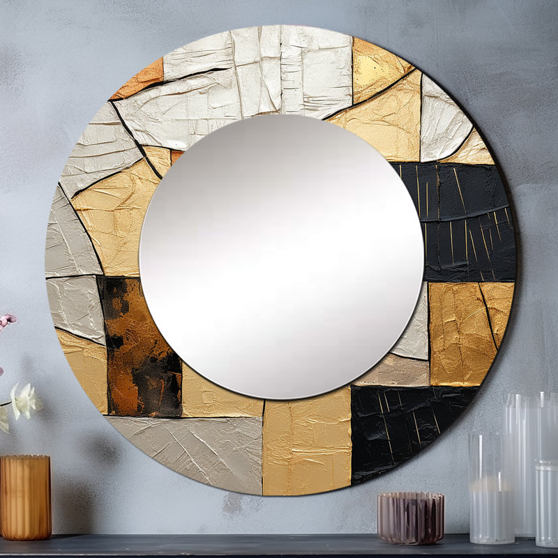 Or noir orné de poteries II - spirales abstraites, décor de miroir mural, grand miroir rond noir, impression d'art en métal