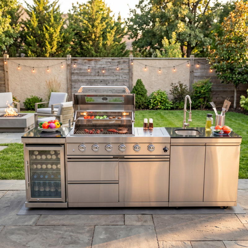 Îlot de cuisine 46 po avec 4 brûleurs 72 000 BTU avec réfrigérateur et rangement, Natural Gas