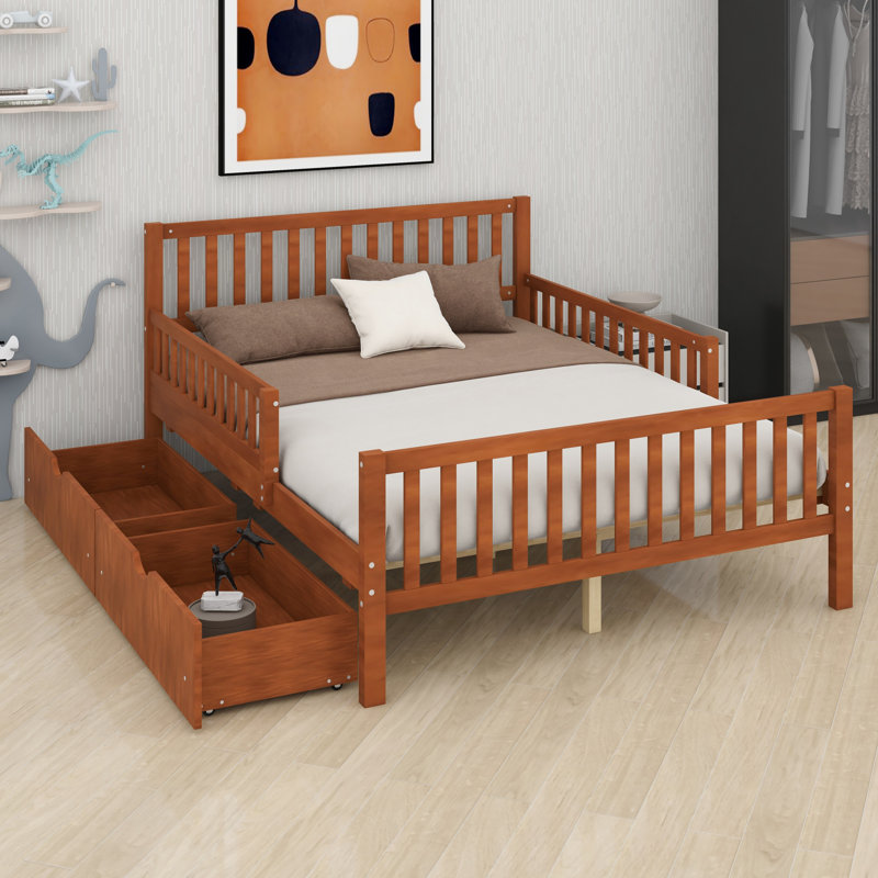 Lit plateforme avec garde-corps et deux tiroirs sous le lit, Walnut