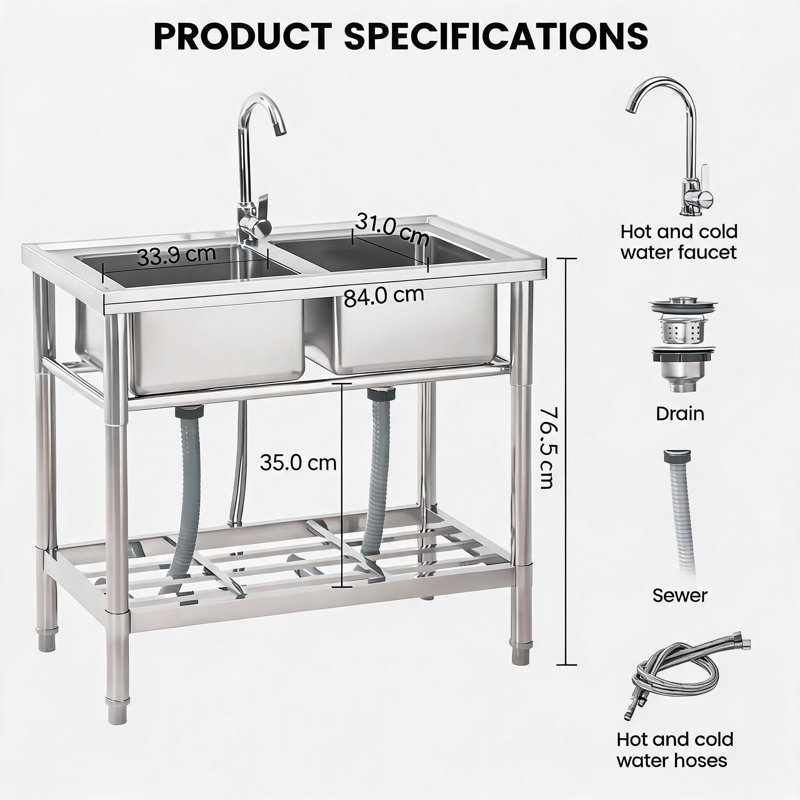 Stainless Steel Utility Sink, Free Standing Single Bowl Commercial Kitchen Sink with Faucet, Laundry Sink with Storage Shelve for Indoor & Outdoor