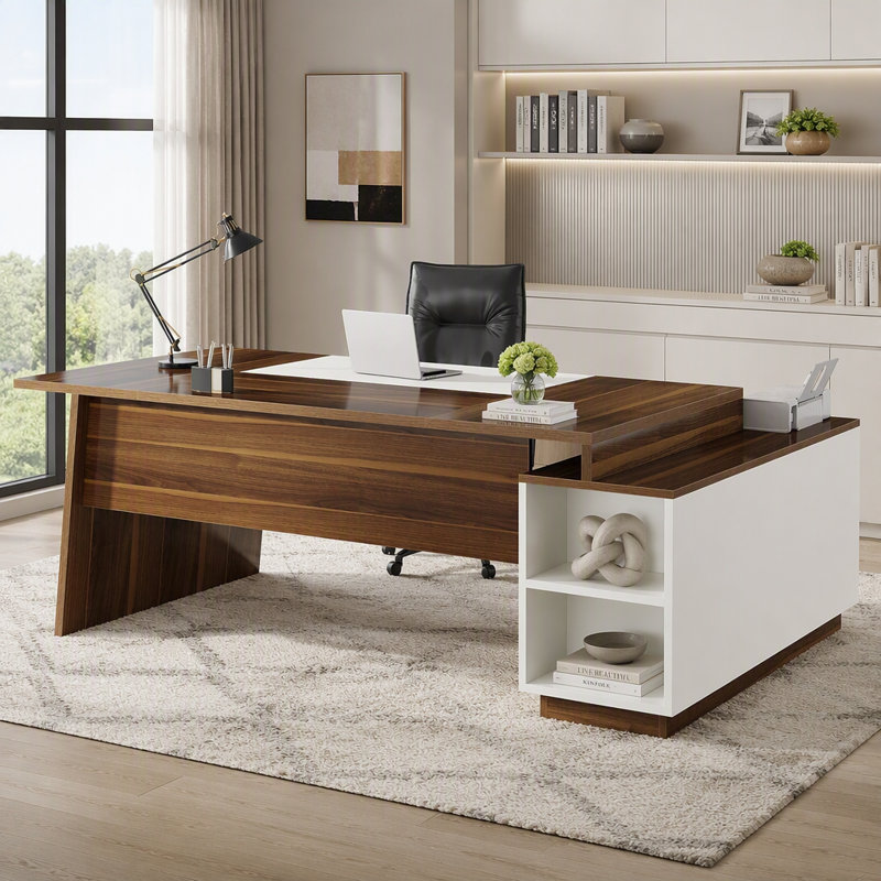Bureau de direction en forme de L avec armoire de rangement et étagères ouvertes, grand poste de travail informatique d'angle de style moderne du milieu du siècle pour bureau à domicile