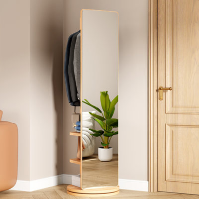Miroir pivotant sur 360 ° avec portemanteau - Miroir de plancher en bois massif de 66 po avec crochets de rangement pour le vestiaire de la chambre à coucher, bois naturel