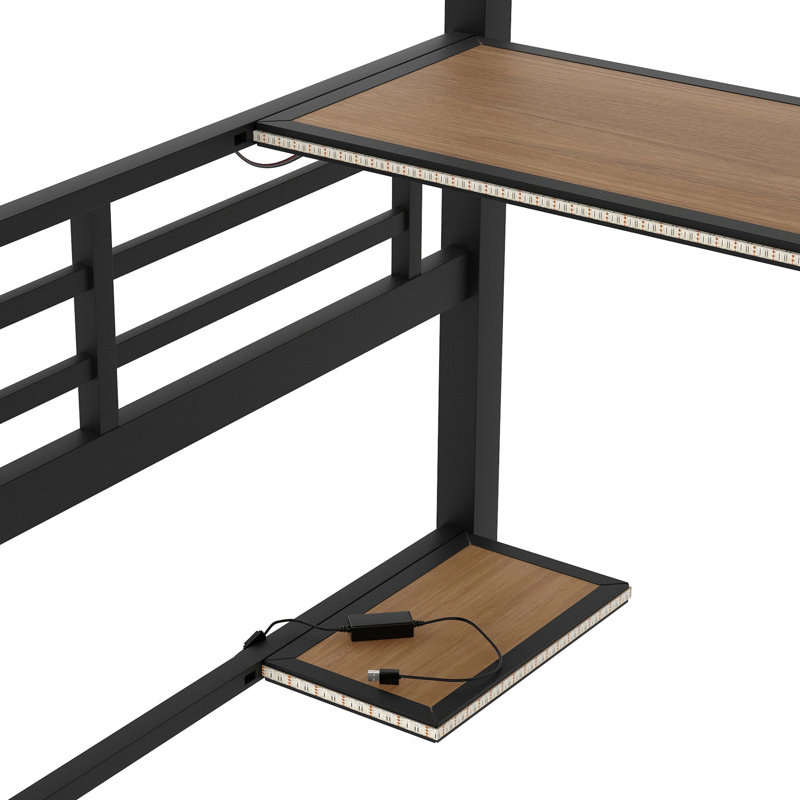 Lit mezzanine double en métal avec lumières DEL et tablette de rangement, bureau intégré