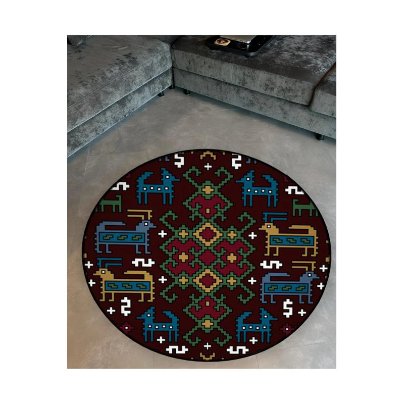 Multicolored Embroidery-Look Woven Base Modern Decorative Carpet, Round 4'