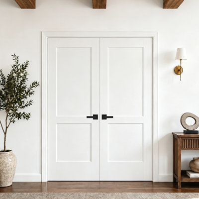 Double 2-Panel Shaker Style Interior Door with White Frame Prehung-Style MDF & Solid Wood Door Set White Finish for Bedroom,Closet,Pantry