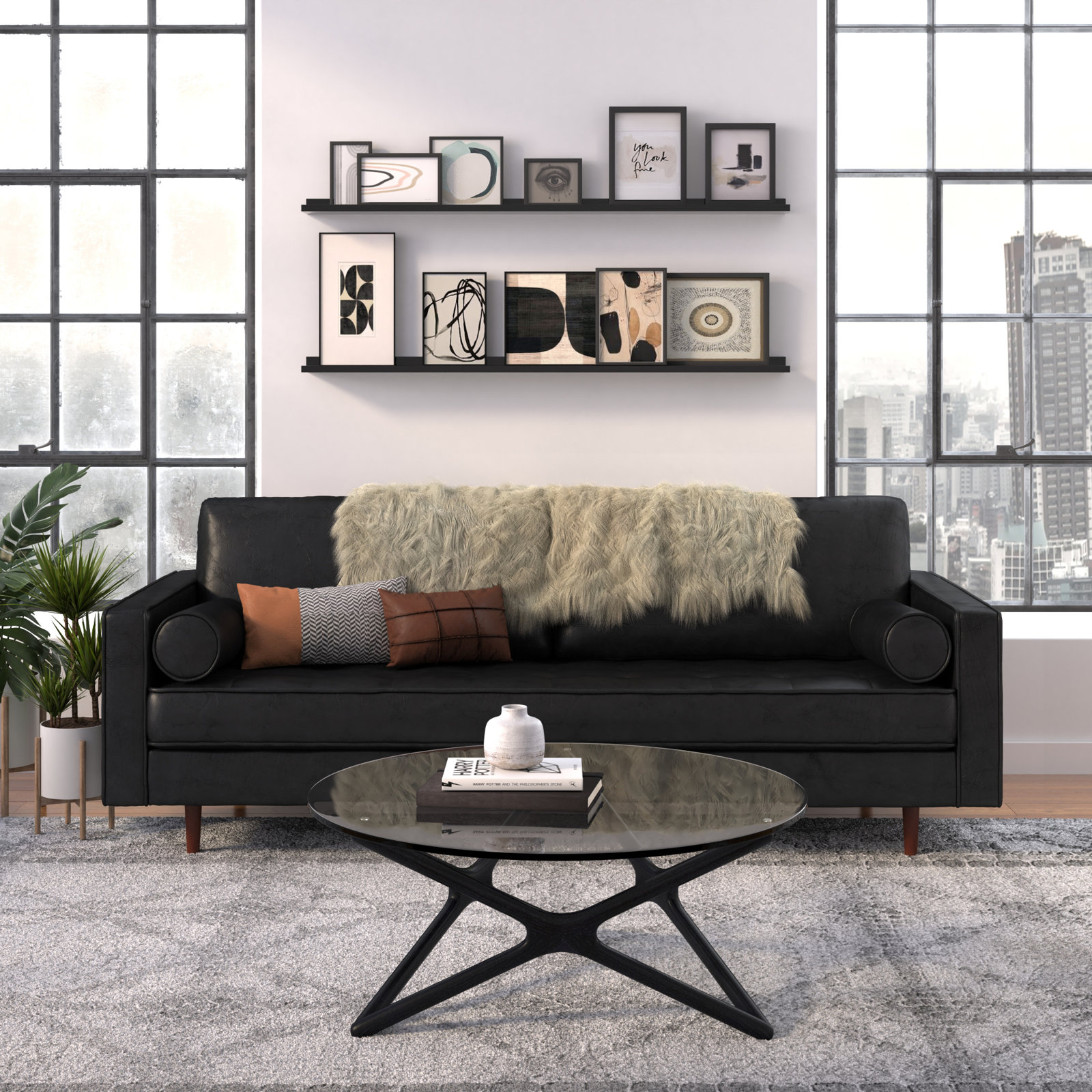 Geo 84" Genuine Leather Sofa, Vintage Black Genuine Leather