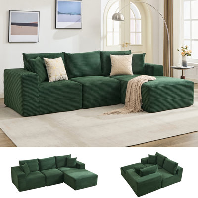 Canapé modulaire en L de 108 po avec méridienne, canapé moelleux en velours côtelé avec assise profonde et coussins, combinaison flexible, aucun assemblage requis pour le salon, gris