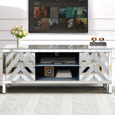 Mirrored TV Stand For 65+ Inch Tvs, Silver TV Console Table With Open Storage & 2 Storage Cabinets, M Shape Sparkling Mirror Doors, Living Room