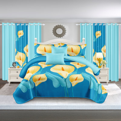 Ensemble d'édredon très grand californien 9 pièces, lit de luxe toutes saisons dans un sac pour la chambre à coucher, avec rideaux assortis, microfibre douce, lis Calla jaune