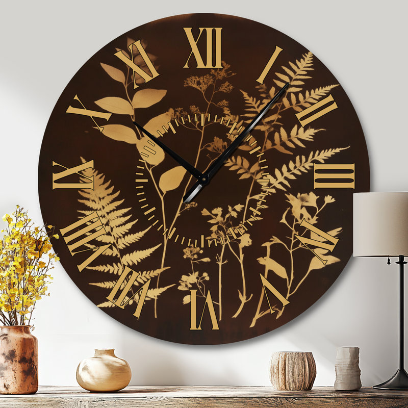 Pressed Botanicals - Horloge murale ronde silencieuse en métal à motifs botaniques, Grand