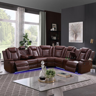 3-Pieces 210" Breathing Leather Power Reclining Theater Sectional With LED Lighting (Set of 3)