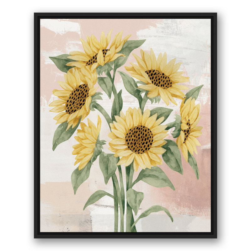 Tournesols sur fond rosé - peinture, Toile à cadre flottant noir, H 31,75 po x l 25,75 po x P 1,75 po