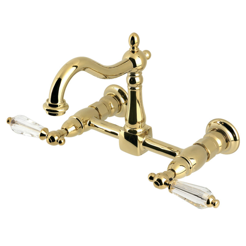 Kingston Brass Double-Handle 2-Hole Wall-Mount Bridge Kitchen Faucet, Lever Handle, Polished Brass
