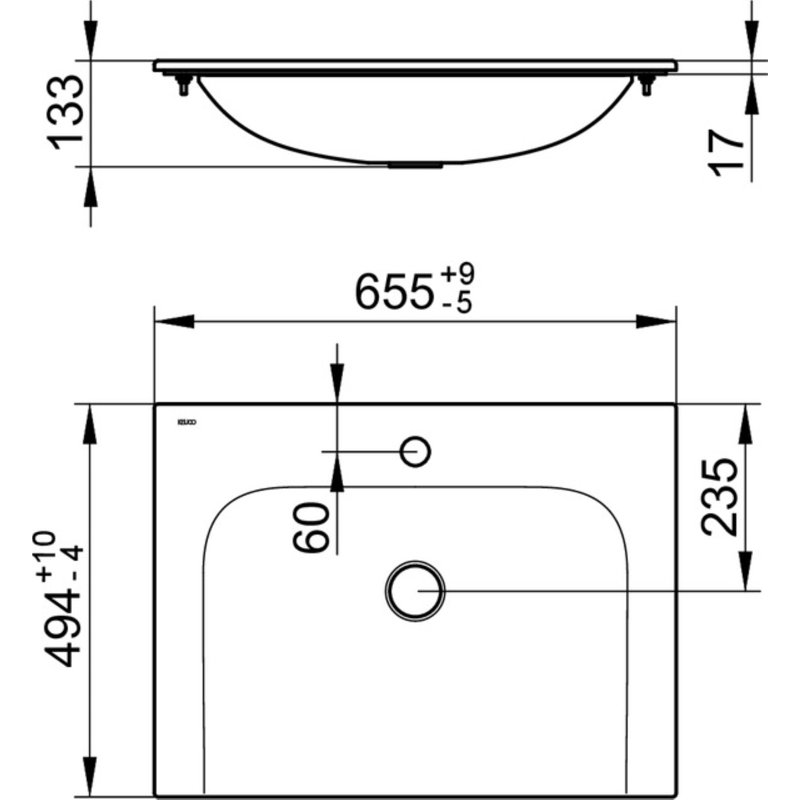 Keuco 49.4mm W White Ceramic Rectangular Sink, 65 x 49 x 2 mm