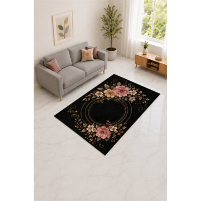 Tapis de guirlande romantique noir et corail 5 pi x 7 pi pour salon, chambre à coucher et bureau à domicile «Ultra Léger», tapis doux à poils courts avec envers en silicone antidérapant