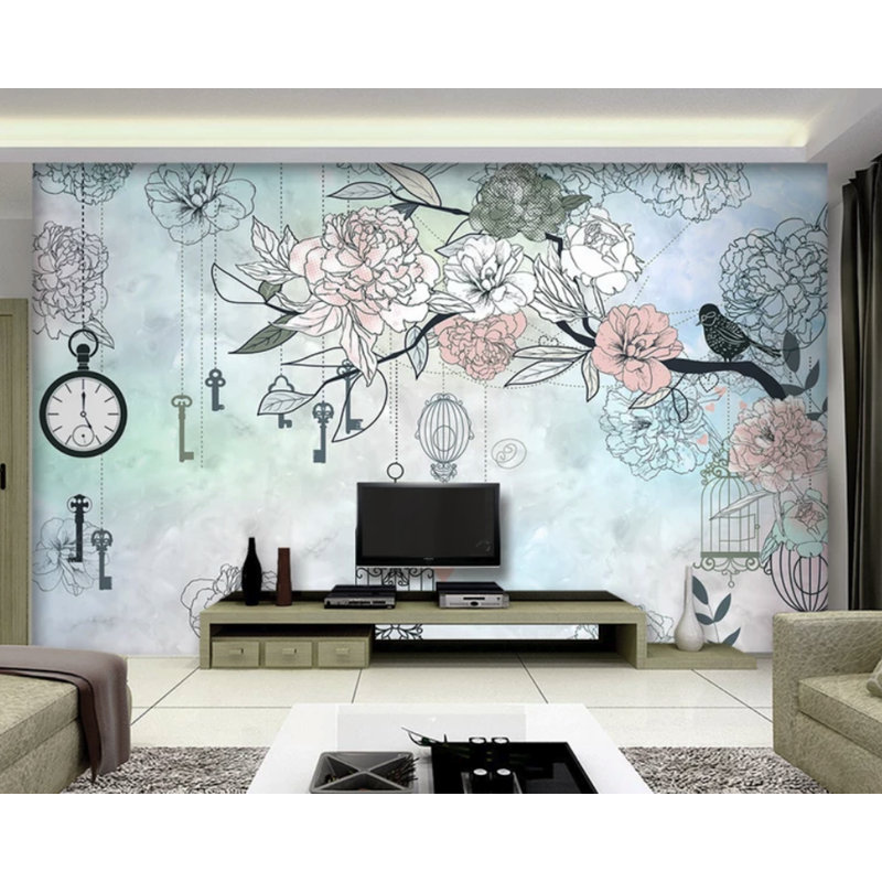 Adhésif mural fleurs, clés, cages, oiseaux, l 75 po x L 49 po
