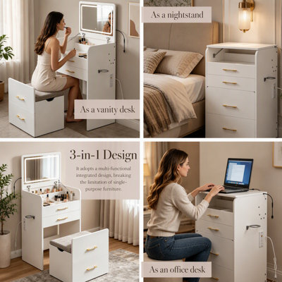 Coiffeuse 3 en 1 avec prise électrique et miroir DEL, table de toilette rabattable de 60 cm avec poste de recharge, 3 tiroirs et tabouret rembourré pour chambre à coucher