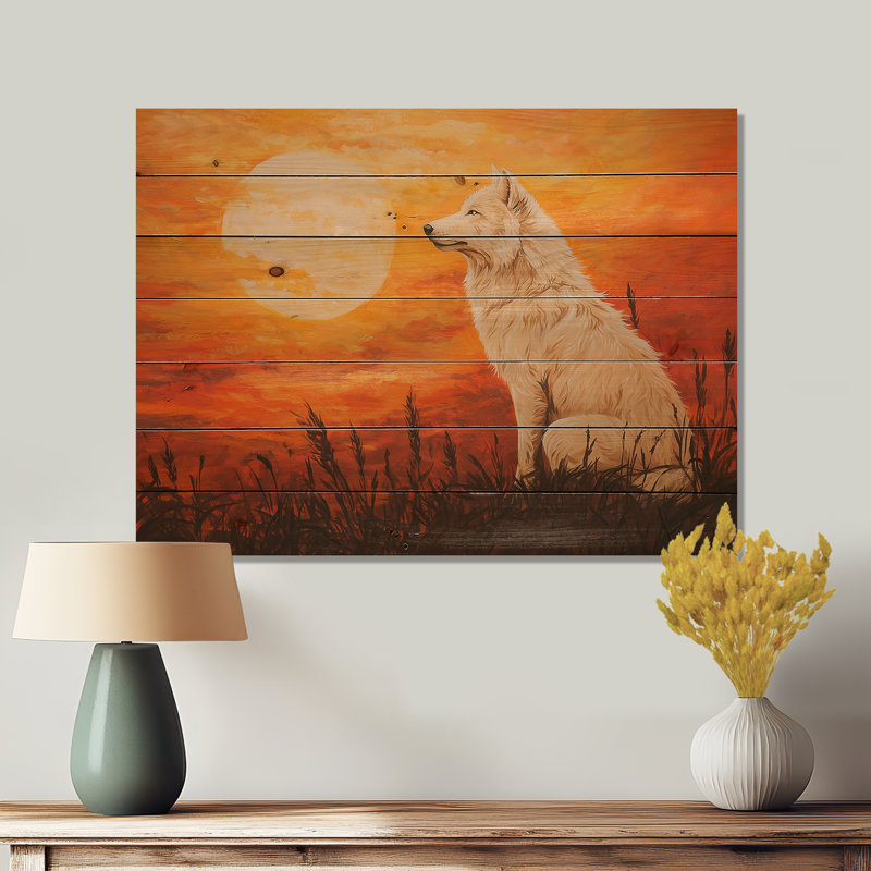Portrait de loup au coucher du soleil III - Décoration murale moderne en bois sur bois de pin naturel, H 10 po x l 20 po