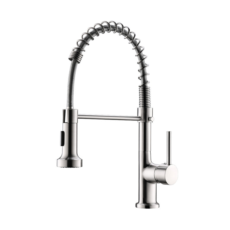 Robinet de cuisine rétractable en nickel brossé, poignée simple, rotation à 360 degrés, modes de jet et de jet rotatifs, mode double