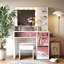Bureau de coiffeuse avec plateau en verre, 11 ampoules Hollywood, tiroirs roses, tablettes et tabouret