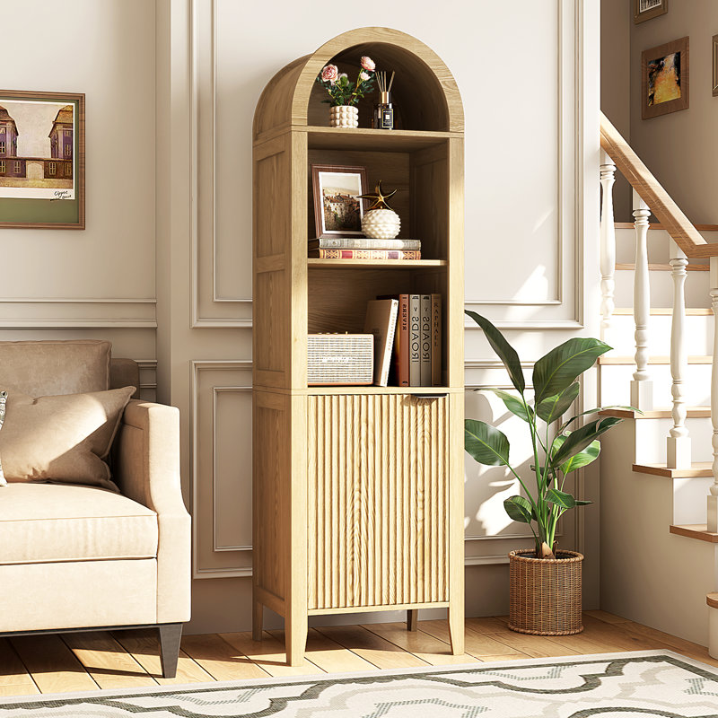 67" Tall narrow Arched Bookcase With Fluted Door,slim Storage Cabinet For Living Room, Office, Bedroom, Natural