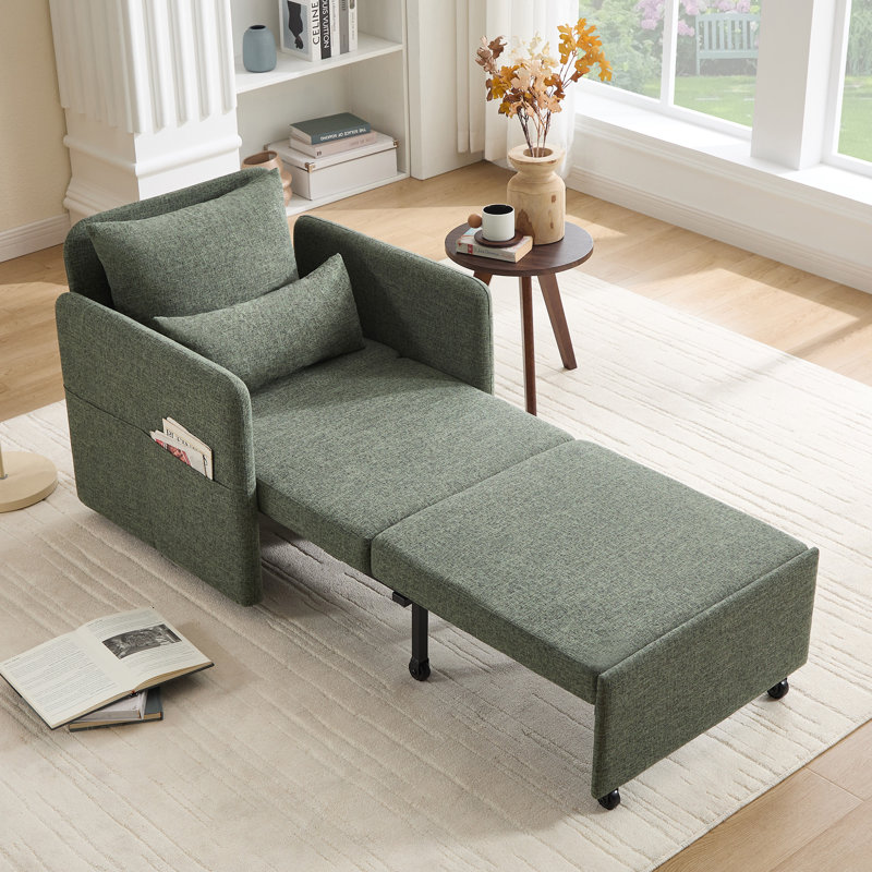 87'L 3-In-1 Convertible Chair Linen Sleeper with  Adjustable Backrest and Storage Bag Set Of 2, Green Linen