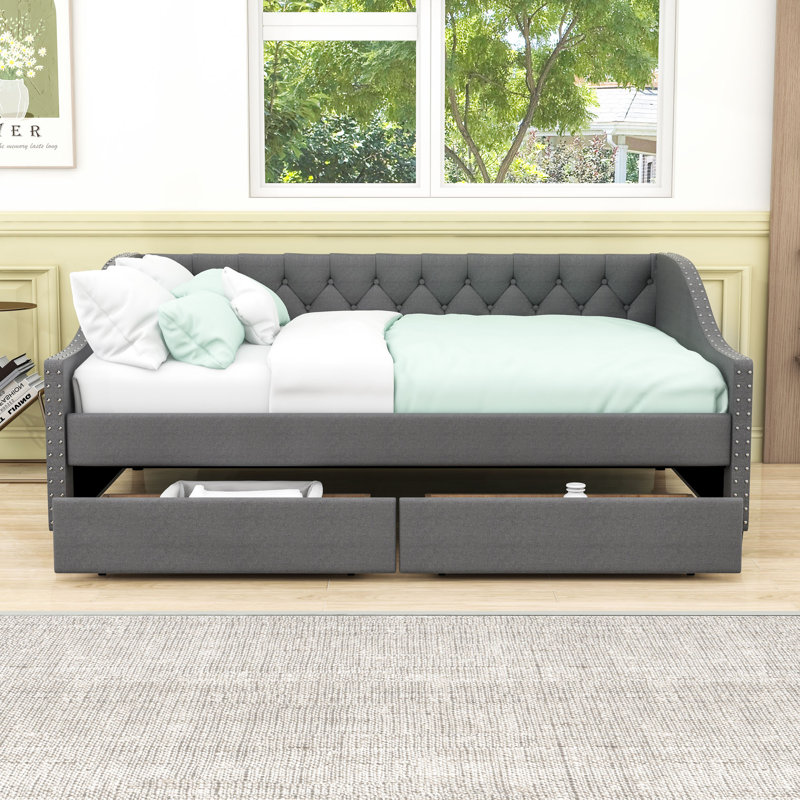 Full Size Linen Upholstered Daybed with Two Drawers, Gray